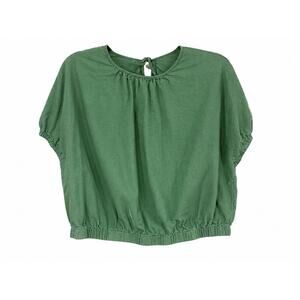 Womens Sage Green Puff Sleeve Crop Blouse Tie Back Coastal Boho Cottagecore S/M